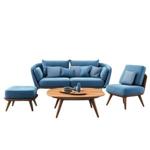 Modern Blue Sofa Set With Wooden Coffee Table And Armchair
